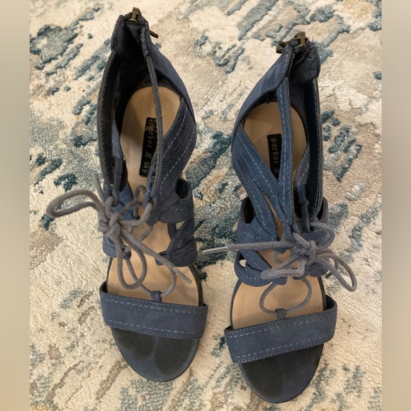 PARKER & Sky Strappy Sandal Gladiator Block High Heels Blue Butterfly Zip Up 7.5 - Picture 12 of 16
